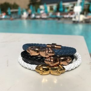 NEW Genuine BLUE Leather Rose Gold Skull Bracelet